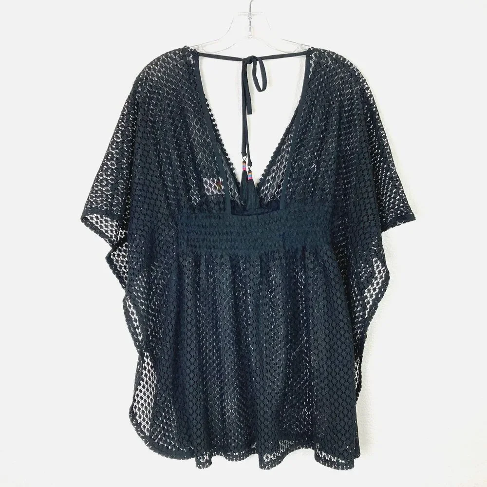 Xhilaration Women’s Crochet Lace Cover Up Size S Black Babydoll Tassels Beach